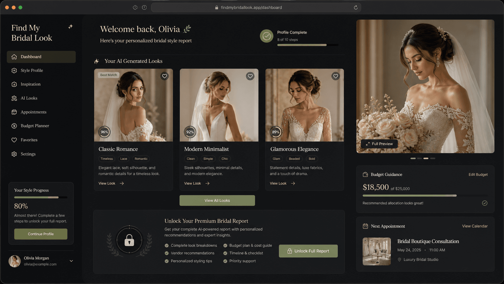 Find My Bridal Look report preview in dark mode
